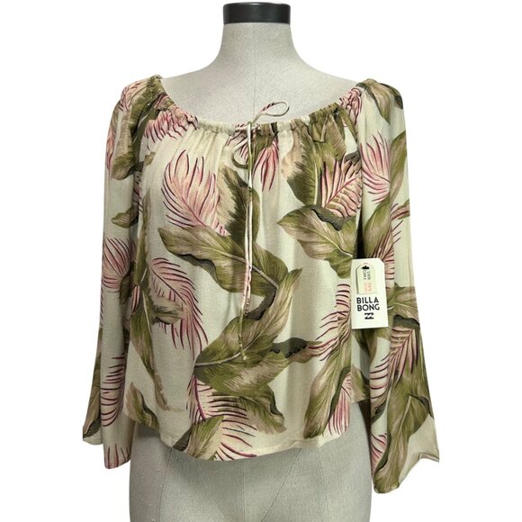 BILLABONG Light It Up Top Sz S Off the Shoulder Green Tropical Kimono Sleeve - Picture 1 of 10